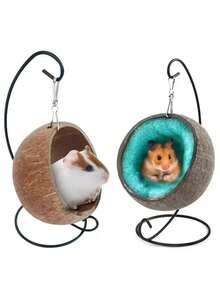 Hamster Coconut Bed Natural Coconut Hamster Hideout Hammock Suspension Coconut Husk Hamster Bed House With Warm Pad Small Animal(Note: Coconut Shells Are Natural Products, And Scratches Inside Are Normal. ) - Multicolor - View 6