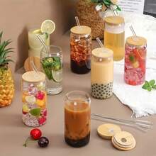 1pc/2pcs Glass Cup With Bamboo Lid & Straw, Straw Brush, 16 Oz Bottle Shaped Glass Cup, Iced Coffee Cup, Adorable Tumbler, Suitable For Beverages, Juice, Bubble Tea, Party And Holiday Gifts