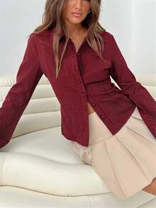外出复古性感可爱束身长袖纽扣条纹红色美丽复古时尚休闲优雅衬衫上衣女装春夏假日/情人节 - 紅色 - 查看 2
