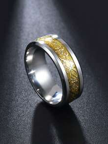 1pc 8mm Stylish Diagonal Dragon Pattern Stainless Steel Ring, Versatile - Multicolor - View 10