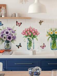 1set Flower Print Wall Sticker, PVC Waterproof Wall Art Decal For Home Decor, Stickers, Wall Decal, Vinyl Decal For Home Decorations, Spring Decoration Items Refresh Your Home, Festival Decoration Stickers Gifts Birthday Graduation Kitchen Decor - Multicolor - View 9