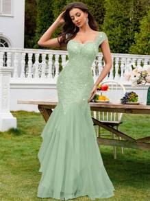 MIUSOL Vestido de fiesta con cuello en V profundo, mangas de tapón, encaje con lentejuelas, contraste de malla y dobladillo escalonado, vestido de fiesta elegante para mujer, vestido de noche formal, vestido de graduación, para invitados de boda, cena