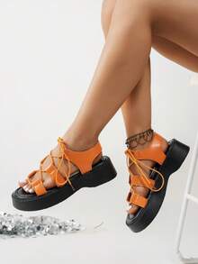 夏季休闲厚底厚底女士凉鞋，露趾防滑绑带坡跟凉鞋 - 橘色 - 查看 4