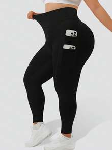 1pc Plus Size Black Leggings With 4 Pockets, Suitable For Yoga And Outdoor Wear, Non-Awkward Waist Design With Double Layers For Tummy Control, All-Season - Black - View 4