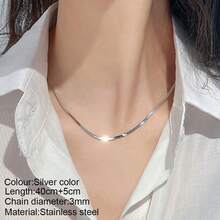 1pc Stainless Steel Shiny Broccoli Textured Delicate Chain Necklace For Women - Silver - View 11