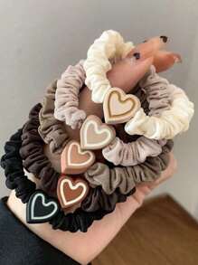 5pcs/Set Multi-Color Heart Shaped Hair Scrunchies, Suitable For Daily Wear