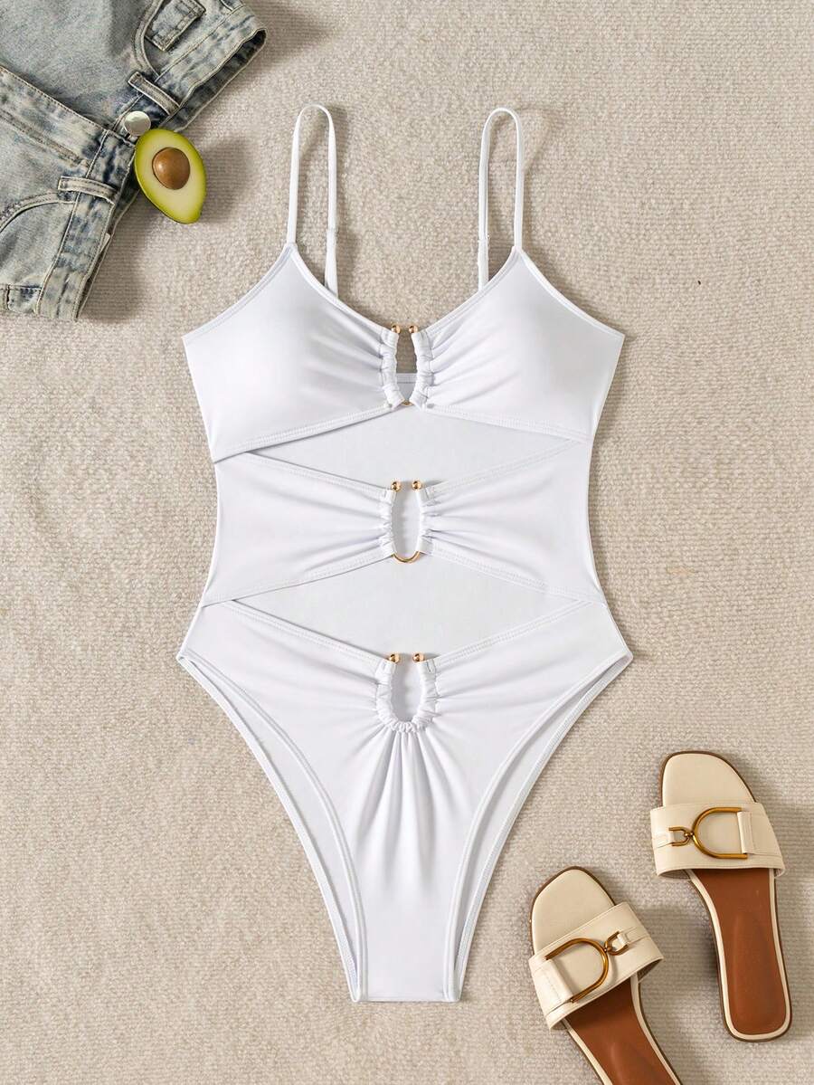 Solid Color Sexy Knit Fabric Circular Cutout Open Back Beachwear