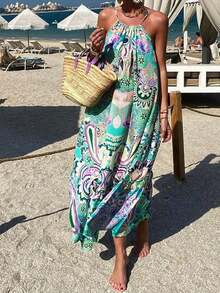 Vestido largo de tirantes con estampado floral, estilo casual y suelto para vacaciones en la playa, talla grande para mujeres