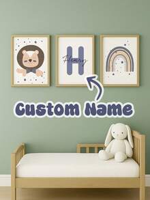 3 件定制无框儿童海报动物墙面艺术印刷品、个性化姓名、波西米亚风、狮子、彩虹、儿童装饰、儿童房装饰海报、水彩墙面艺术图片儿童卧室家居装饰、感恩节礼物、独特的圣诞节礼物、圣诞节礼物、新年礼物、开学生日礼物