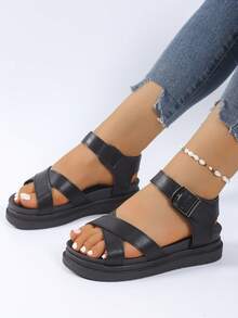 Women's Platform Wedge Comfortable Non-Slip Sandals, Suitable For Wide Feet, Black Flat Sandals, Casual Buckle Summer Shoes, Comfortable Open Toe Sandals - Black - View 3