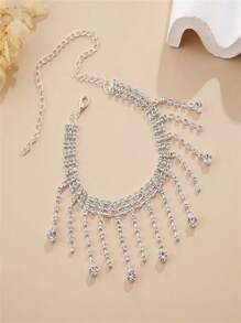 1 pièce Bracelet de cheville à pompons avec strass, bracelet de cheville minimaliste à double couche en forme de goutte d'eau pour les femmes, style estival décontracté, motif géométrique vintage en cuivre