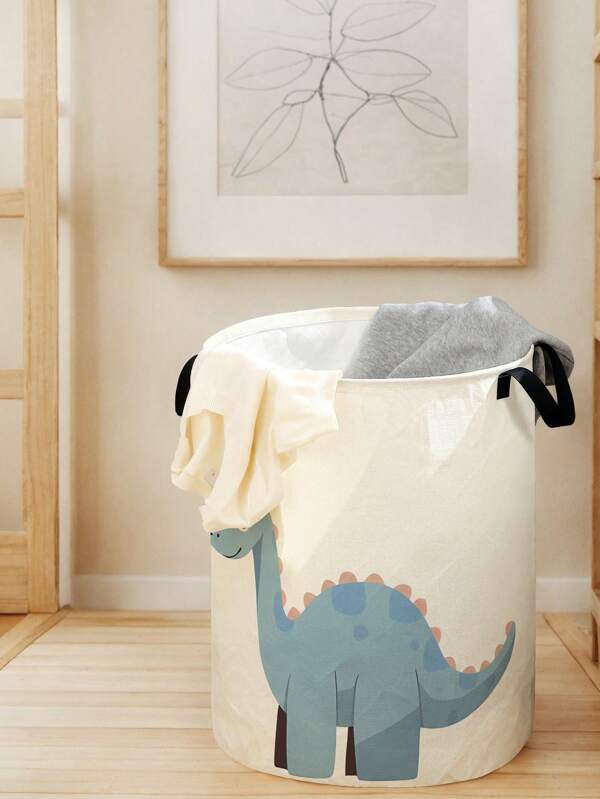 1 pieza Cesta de almacenamiento plegable redonda de gran capacidad con asa e impresión de dinosaurio de dibujos animados, caja de almacenamiento plegable de uso múltiple para guardería, pañales de bebé, ropa, organización de suministros