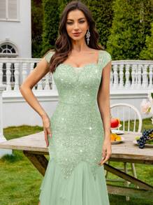 MIUSOL Vestido de fiesta con cuello en V profundo, mangas de tapón, encaje con lentejuelas, contraste de malla y dobladillo escalonado, vestido de fiesta elegante para mujer, vestido de noche formal, vestido de graduación, para invitados de boda, cena