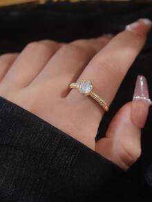 5 件套优雅几何锆石戒指套装，精致奢华精致女士婚礼派对珠宝 - 金黃色 - 查看 8