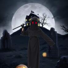LOVE PARTY Halloween Horror Red Eye Grim Reaper Costume, Sickle Ghoul Dark Messenger Ghost Cosplay Outfit Set