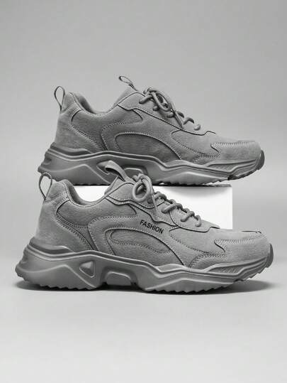 男士复古纯色皮革拼接系带厚底运动鞋，简约百搭日常通勤舒适户外休闲运动情侣鞋，适合所有季节情人节创意