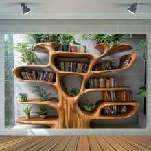 1 pieza Estantería en forma de árbol 2D con plantas verdes y luces de hilo - Rústico otoñal, perfecto para rincones de lectura acogedores, fondos de fiesta y accesorios de fotografía, disponible en varios tamaños, decoración de libros