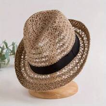 1pc Breathable Mesh Fedora & Straw Hat - Outdoor Sun Protection, Casual Style Unisex, Coffee Brown With Black Ribbon Details, Breathable Material Casual Headwear | Fashionable Brimmed Hat | Mesh Material Hat, Sun Protection Shiny Boho Grass