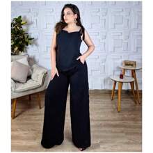 Conjunto Calça Pantalona e Blusa Alcinha de Lacinho Elegante Social Esporte Fino Duna Bonito Preto