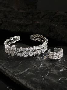 rakol 2pcs Fashionable Cubic Zirconia Asymmetrical Decor Ring And Bracelet Set - Silver - View 4