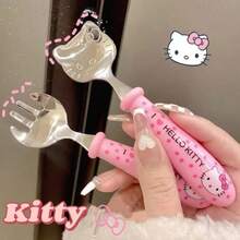 2pcs Stainless Steel Cute Hello Kitty Spoon Fork Cutlery Students Learning Fork Set Eating Supplement Cartoon, School Supplies