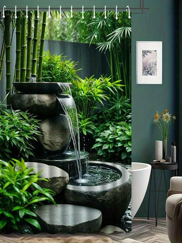 1/3/4pcs Waterfall Bamboo Shower Curtain With Hooks - Machine Washable Polyester Bathroom Decor, Artistic Natural Style Design, Creates Home Ambiance, Knitted Woven, Bathroom Shower Curtain