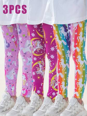 3 件套女童独角兽和彩虹小马印花紧身裤，适合小女孩的舒适踝长裤，柔软轻盈，可爱的动物印花睡衣，适合夏季