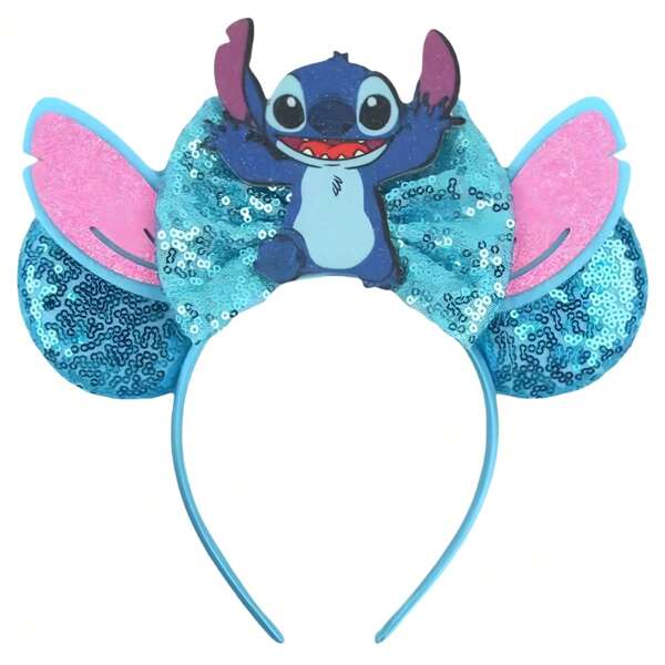 Disney 1 pieza Diadema con orejas grandes y lentejuelas con diseño lindo de Stitch, diadema decorativa para fiesta y cosplay, adecuada para parques temáticos con castillo
