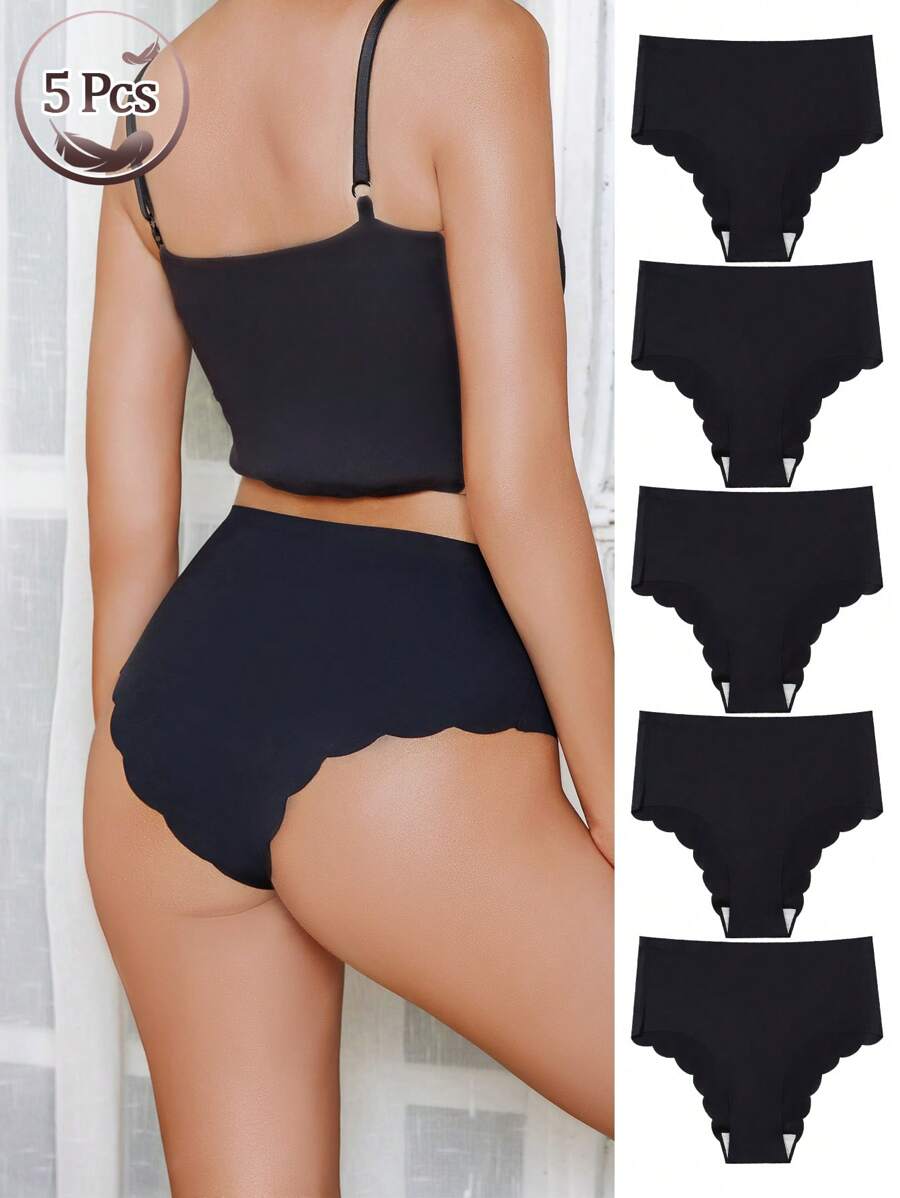 5pcs Women's Seamless Triangle Panties, Solid Black, Fashion & Comfortable, Wavy Hem Design, Casual Daily Homewear Set