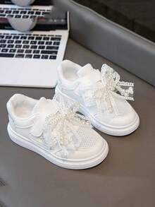 1 Pair White Hollow Out Mesh Slip-On Sneakers With Bowknot Accent, Princess Shoes For Girls, Suitable For All Seasons - White - View 3