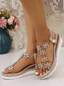 A Pair Of Wedge Sandals For Teenagers, Stylish And Versatile Girls' Shoes With Rhinestones And Thick Soles, Girls' High - Heeled Shoes With Soft Flower - Decorated Soles For Matching Dresses