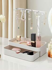 1个带抽屉盒的珠宝展示架，用于存放耳环、项链和珠宝，配有木质底座、桌面收纳盒和多功能悬挂式收纳架。珠宝收纳悬挂支架适用于项链、手镯、耳环、戒指和手表，含挂钩。单层或双层可选。夏季女性必备收纳整理礼品，旅行必备 - 彩色 - 查看 12