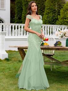MIUSOL Vestido de fiesta con cuello en V profundo, mangas de tapón, encaje con lentejuelas, contraste de malla y dobladillo escalonado, vestido de fiesta elegante para mujer, vestido de noche formal, vestido de graduación, para invitados de boda, cena