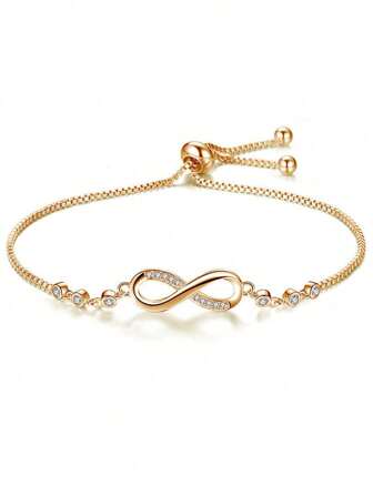 1pc Versatile, Minimalist, Fashionable, Geometric Shaped, Infinity Crystal Adjustable 8-Shaped Bracelet For Women (Gold)