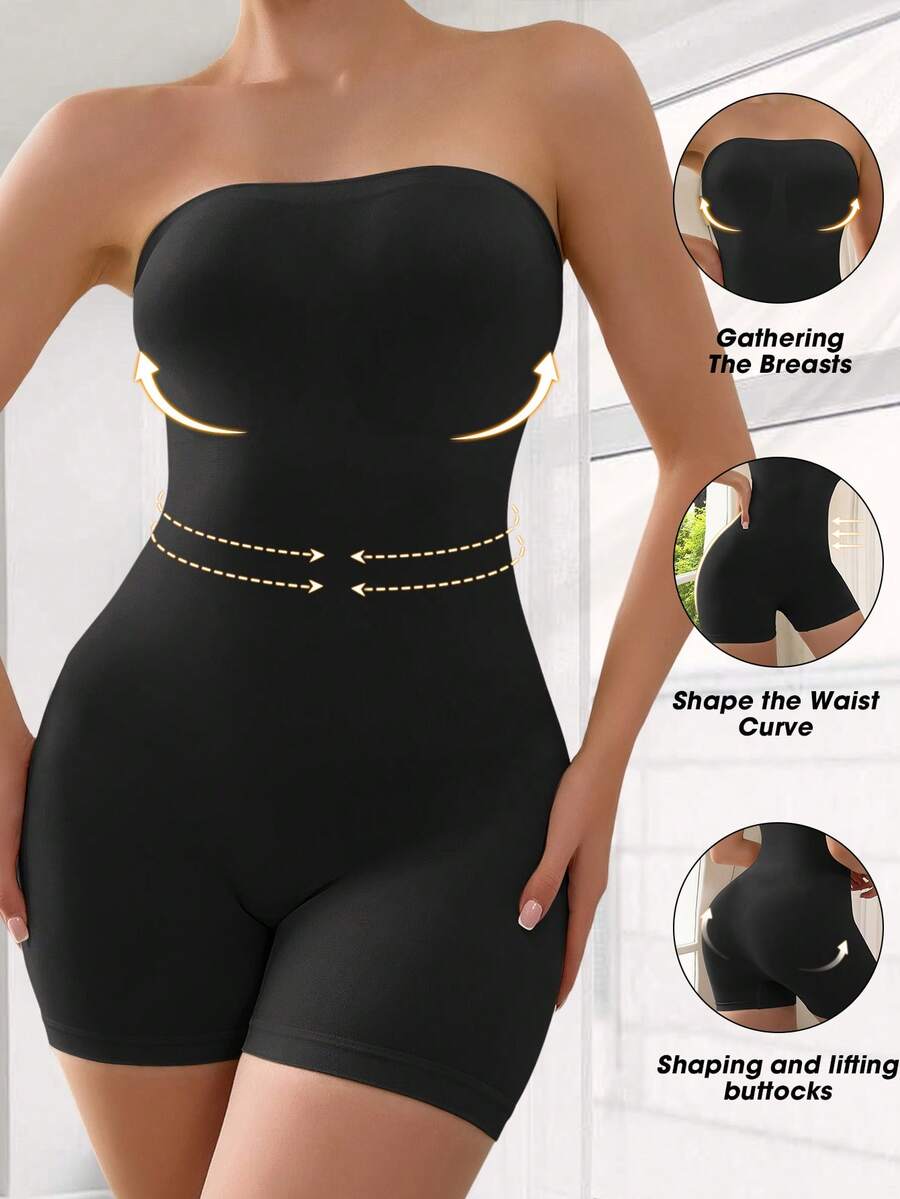 女士无缝无肩带塑身连体衣，防滑 | 告别繁琐的塑身衣 | 收腰、平腹、提臀，塑形必备 - 黑色 - 查看 1