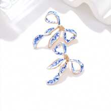 2 件复古油滴青花瓷蝴蝶结耳环时尚设计珐琅丝带耳环女士