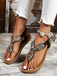 Women's Bohemian Style Casual Sandals, Summer New Fashion Beach Vacation Lightweight Soft Bottom Flip Flops - Black - View 1