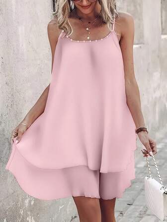 Plus Size Women's Transparent Fabric Pearl Decor Lightweight Double Layer Sweet Elegant Slip Dress