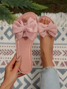 Sandalias planas con decoración de moño para mujer, de moda casual, antideslizantes, aptas para verano, playa y fiesta. Disponibles en negro, blanco, rosa, burdeos, azul real, verde, dorado, rojo y talla grande colores. - Rosa - Ver 3