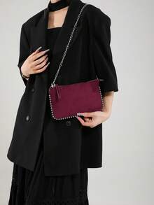 1pc Women's Red Chain Shoulder Bag, New Fashion Charm Beaded Crossbody Clutch Purse , New Year - Burgundy - View 6