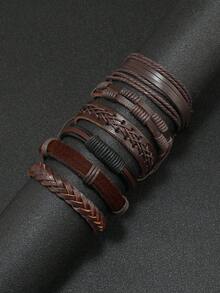 Bộ 6 vòng tay bện da nhiều lớp phong cách Âu Mỹ dành cho nam, phụ kiện thời trang tối giản thích hợp đeo hàng ngày, quà tặng cho bạn bè và gia đình - màu nâu - Xem 3