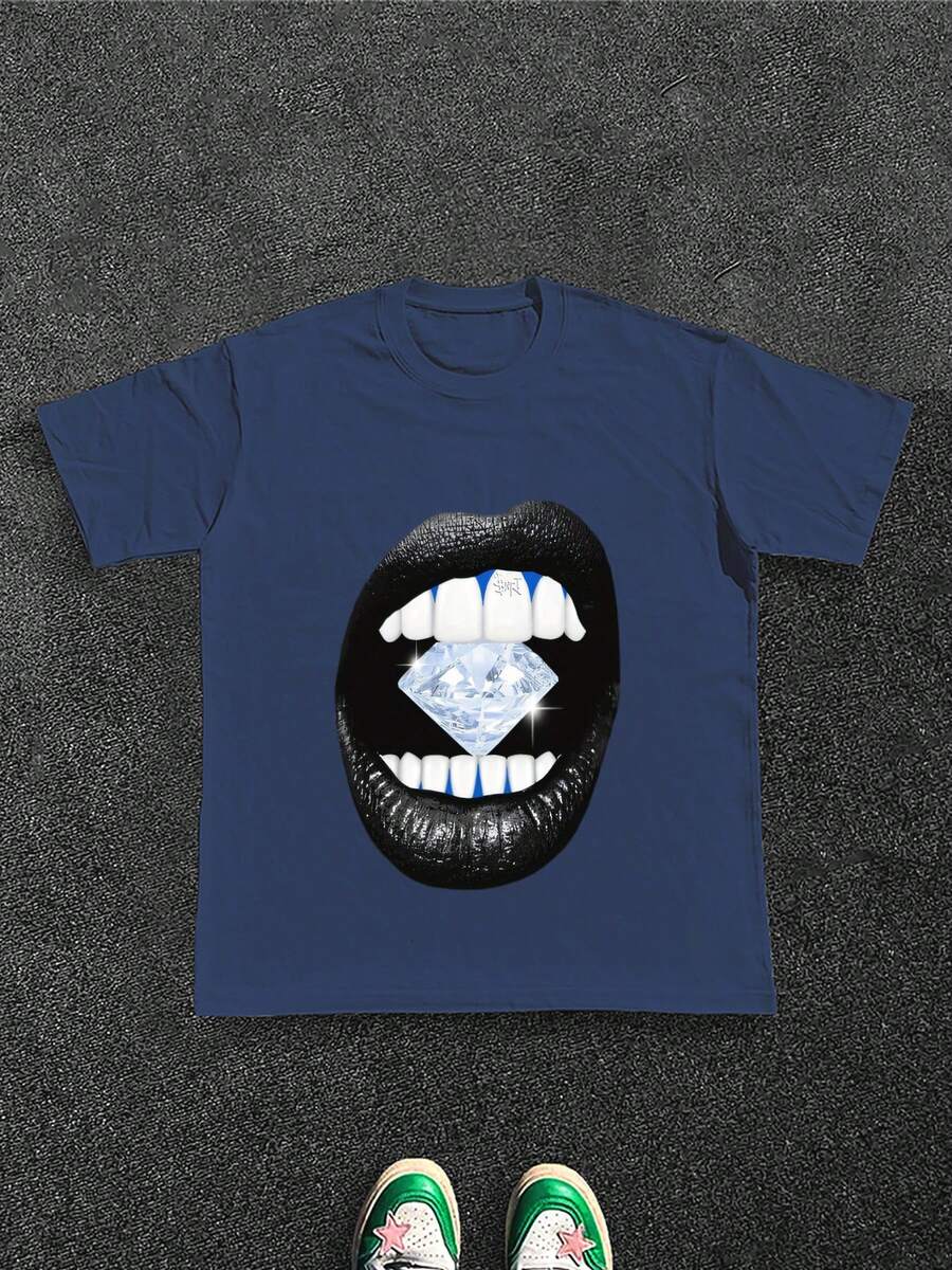 Glamorous And Luxury Inspired Men's T-Shirt With Diamond Mouth Graphic, 100% Cotton 220g - Blue - View 1