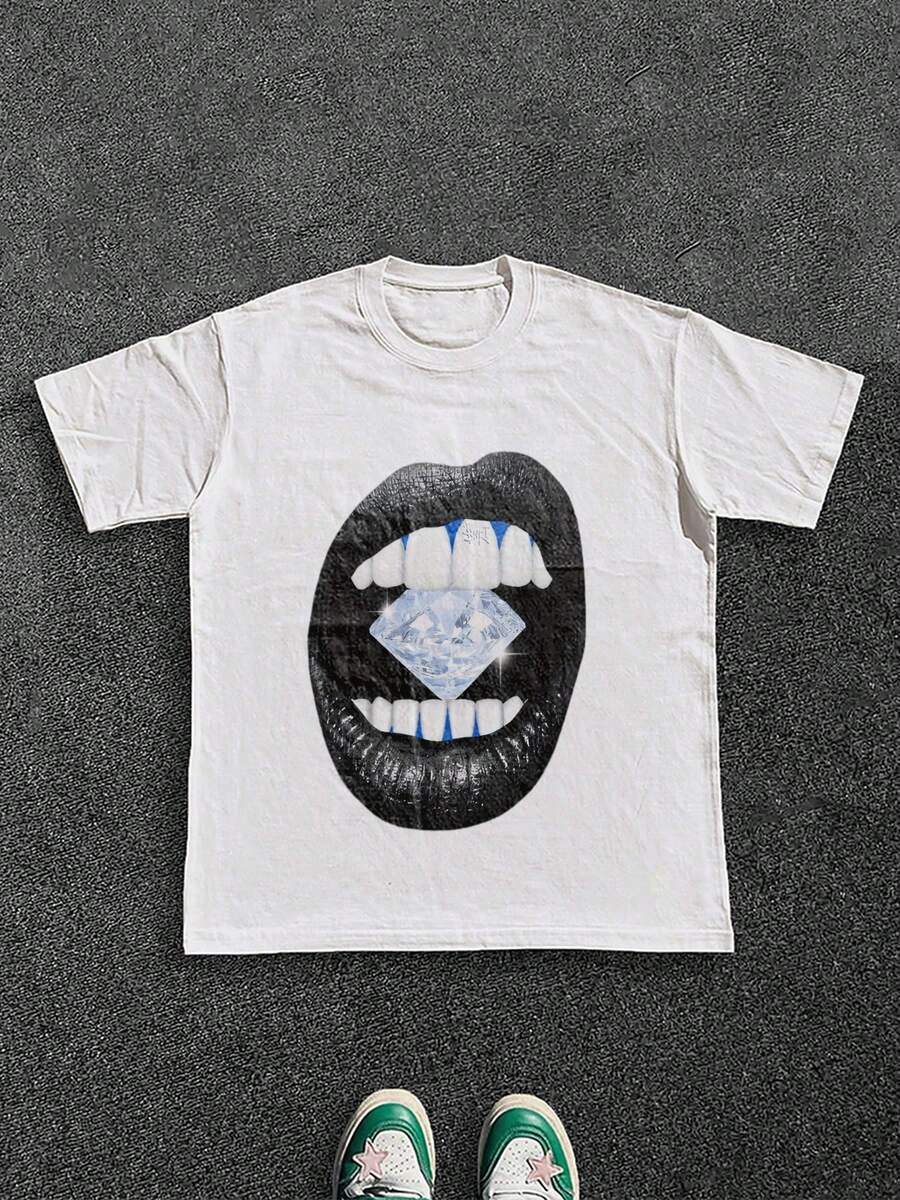 Glamorous And Luxury Inspired Men's T-Shirt With Diamond Mouth Graphic, 100% Cotton 220g - 白色 - 查看 1