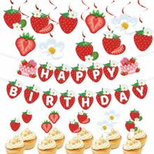 Strawberry Theme Summer Fruit Birthday Party Decoration Set Swirl Hanging Tags Cake Toppers Flag Banner Perfect For Celebrations And Festive Events Ideal Birthday Party Decoration Set
