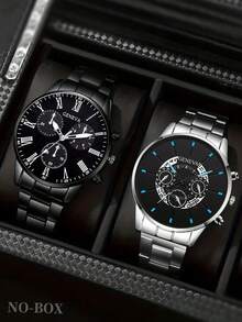 2件套新款男士黑色不锈钢表带商务休闲石英表组合套装，情人节、新年、生日、圣诞节礼物 - 黑色 - 查看 1