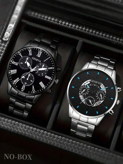 2件套新款男士黑色不锈钢表带商务休闲石英表组合套装，情人节、新年、生日、圣诞节礼物