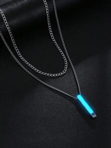 1pc Fashionable And Popular Men Double Layer Luminous Men's Stainless Steel Charm Necklace Three-Dimensional Column Pendant Inlaid Zirconia Glow In The Dark Minimalist Decoration Hip-Hop Style Birth Year For Jewelry Gift And For A Stylish Look