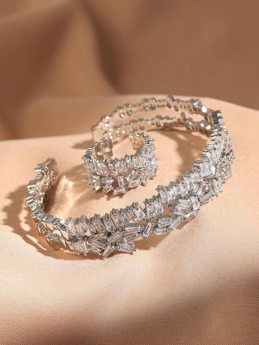 rakol 2pcs Fashionable Cubic Zirconia Asymmetrical Decor Ring And Bracelet Set - Silver - View 1