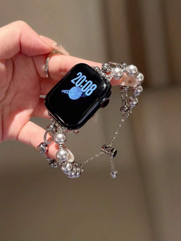 1pc Women's Pearl Bracelet Metal Band Fit For 38/40/41/42/44/45/49/46mm Compatible With Apple Watch Ultra2/Ultra/SE/10/9/8/7/6/5/4/3/2/1