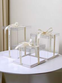 1pc Transparent Cake Box With "LOVE IS ETERNAL" Print Ribbon - PET Material, Square Shape, Reusable Gift Packaging For Cakes, Pastries, Chocolates, Cookies, Pies, Birthdays, Weddings, Valentine'S Day, Gift Boxes - Clear - View 1